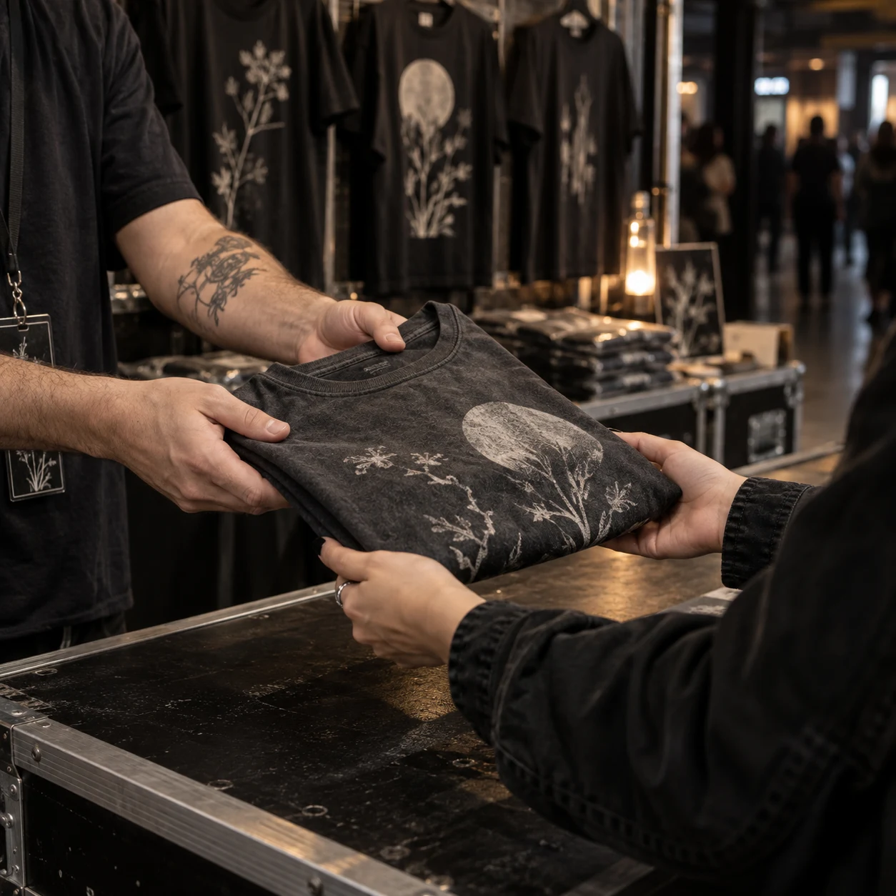 Conceptual merchandise handoff at a venue